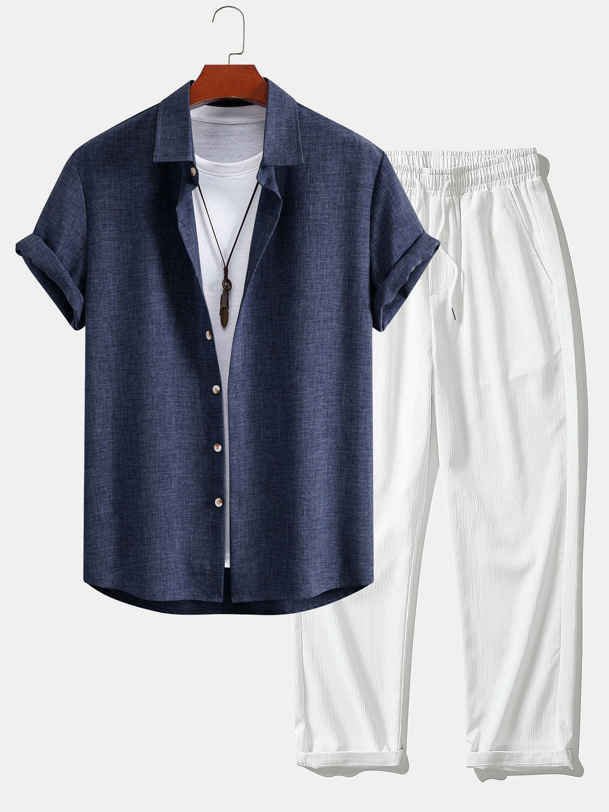 Linen Look Button Up Shirt & Crinkle Textured Straight Leg Pants