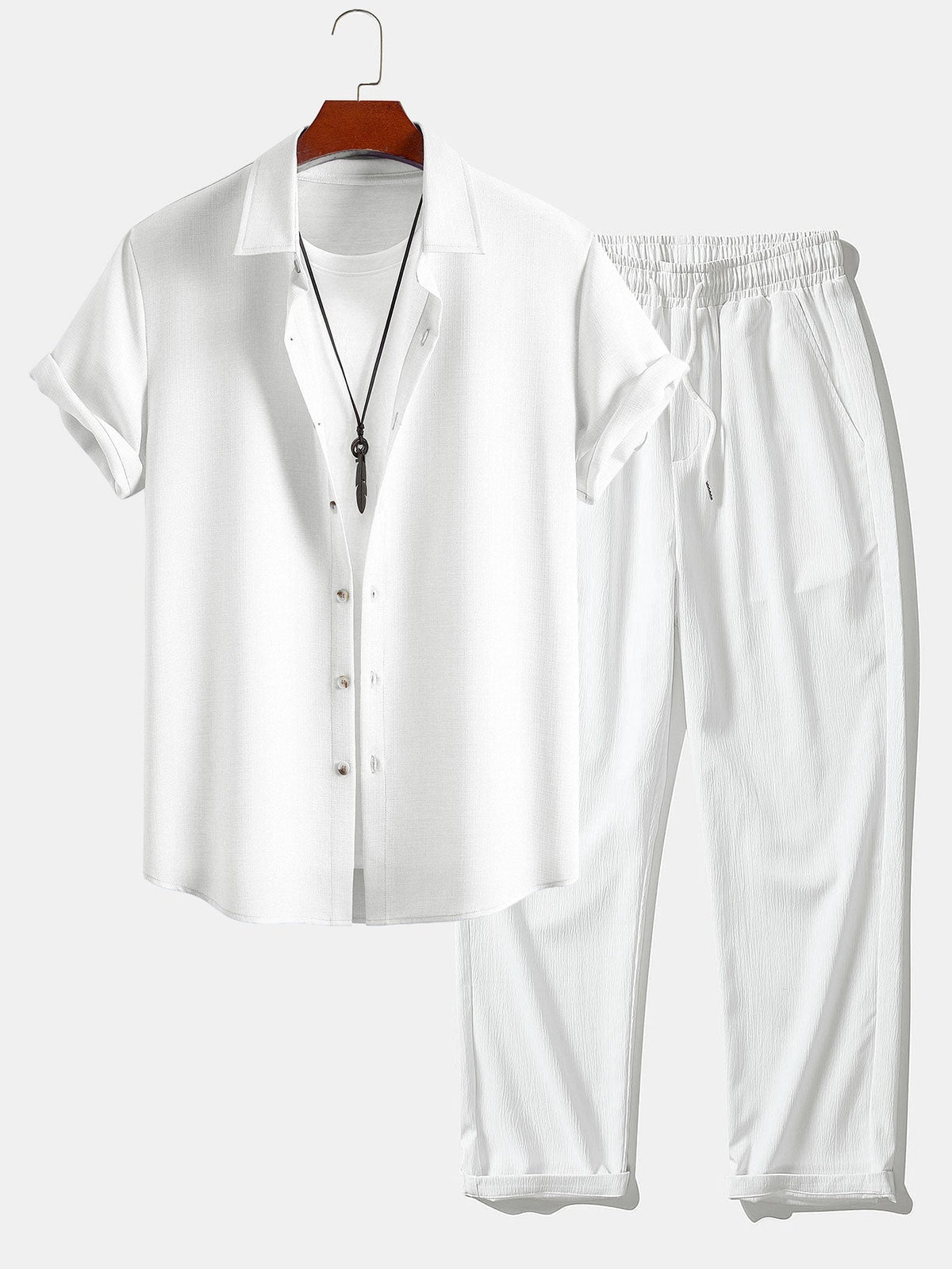 Linen Look Button Up Shirt & Crinkle Textured Straight Leg Pants