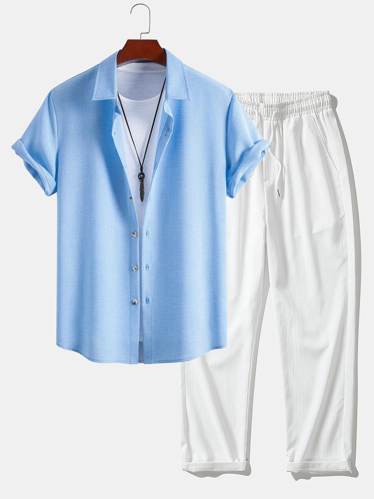 Linen Look Button Up Shirt & Crinkle Textured Straight Leg Pants
