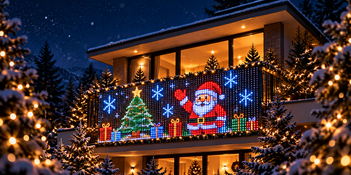 Balcone innevato illuminato per Natale